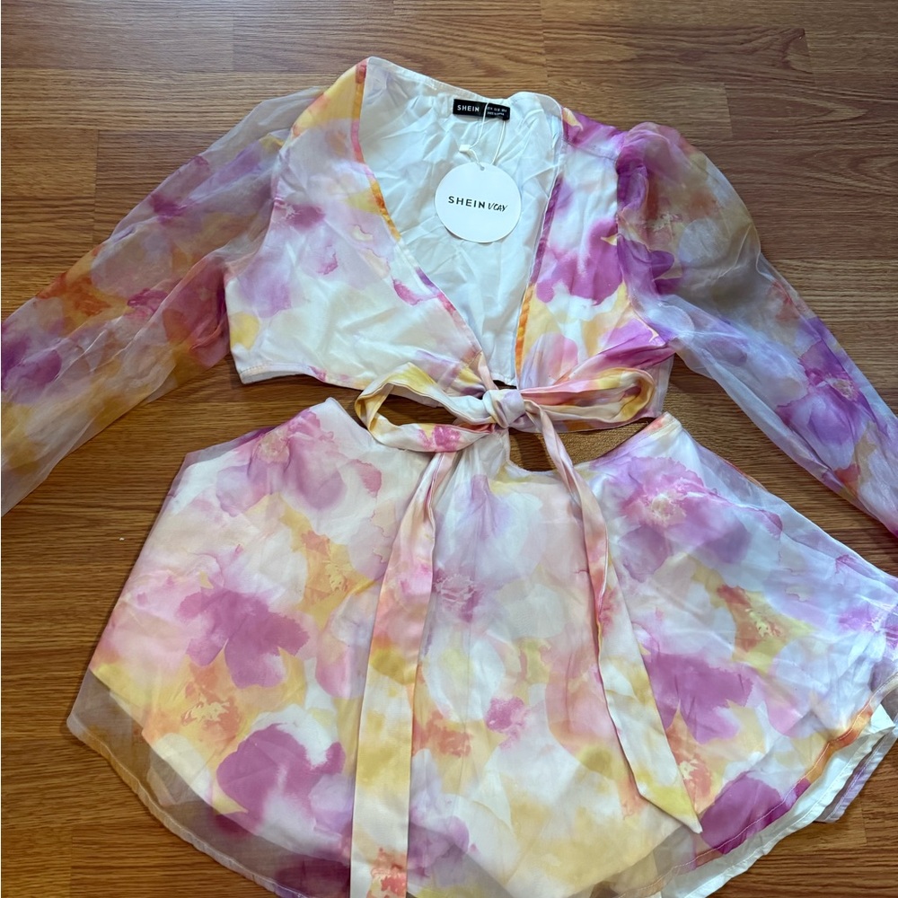 Floral Sheer Dress with Tie Waist